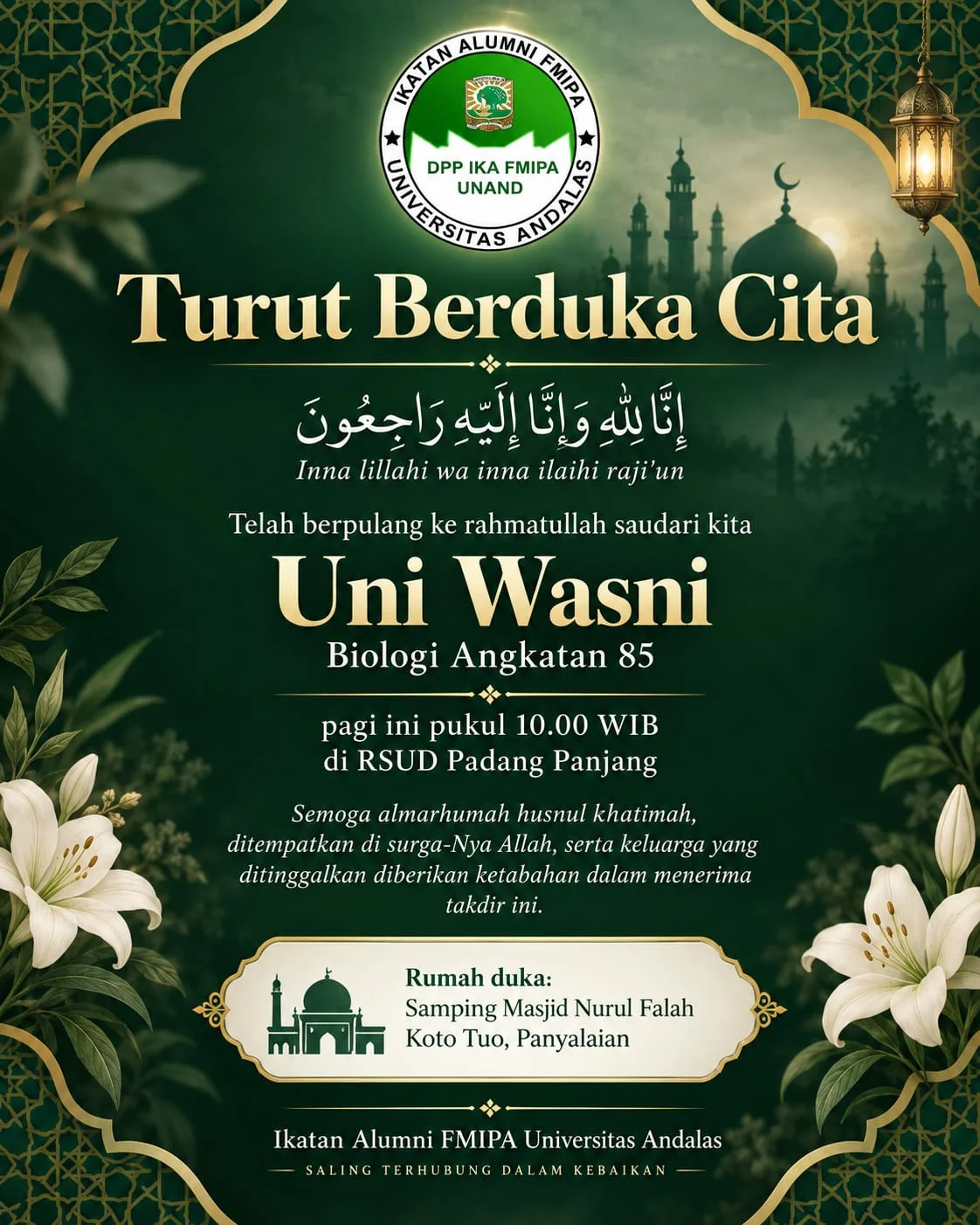 Keluarga Besar IKA FMIPA UNAND Turut Berduka Cita Atas Berpulangnya Uni Wasni Biologi Angkatan 85